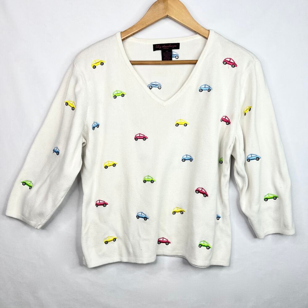 Vintage Lily Stanhope Woman White Embroidered Car Sweater 2X